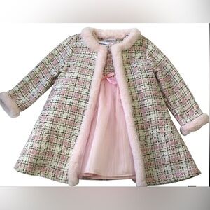 Blueberi Boulevard Tweed Dress with Faux-FurrFur Trimmed Coat